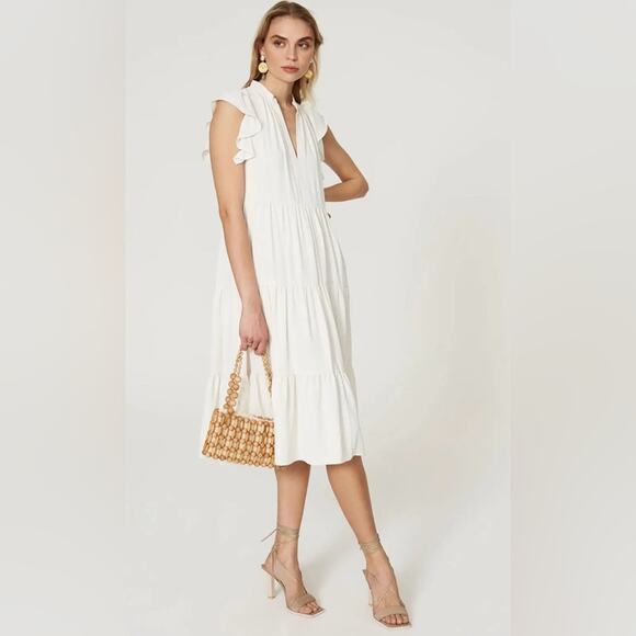 Amanda Uprichard Sheradin Ivory Tiered Midi Dress Flutter Sleeves Women’s Small - Picture 1 of 7